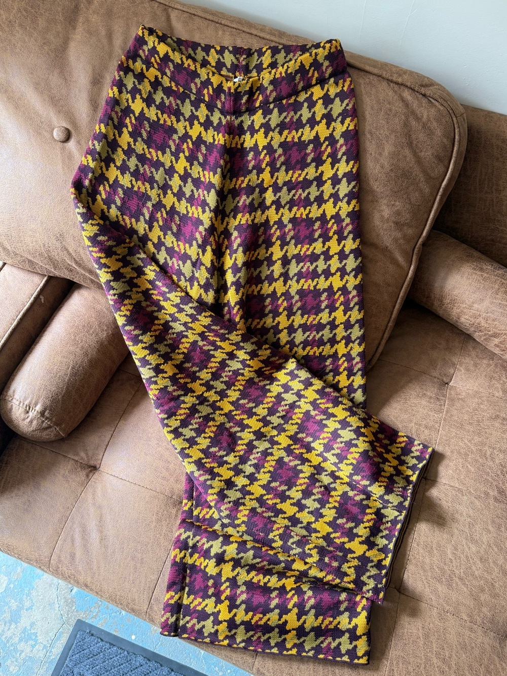 Free People Knit Houndstooth Pants in Yellow & Burgundy